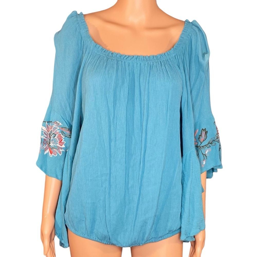 New York & Co SOHO Jeans Top Embroidered Blouse Teal Blue Baby Doll Style SZ LG